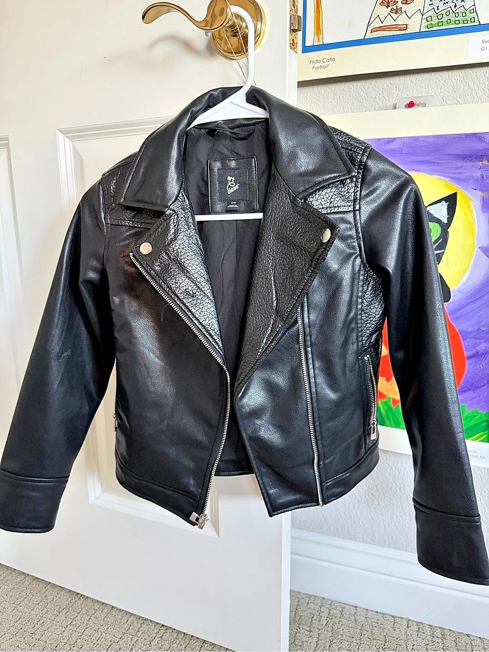 Girls M Black Faux Leather Moto Jacket, Like New